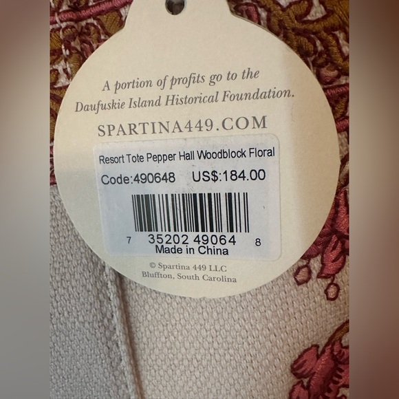 Authentic Spartina 449 Pepper Hall Woodblock Pink and Tan Embroidered Tote! NWT - Picture 4 of 11